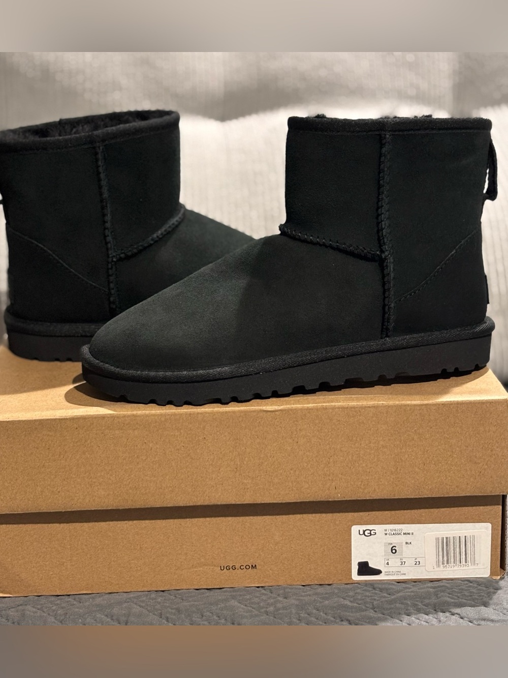 UGG Mini Classic II Short Black Suede Shearling Boots - Women's